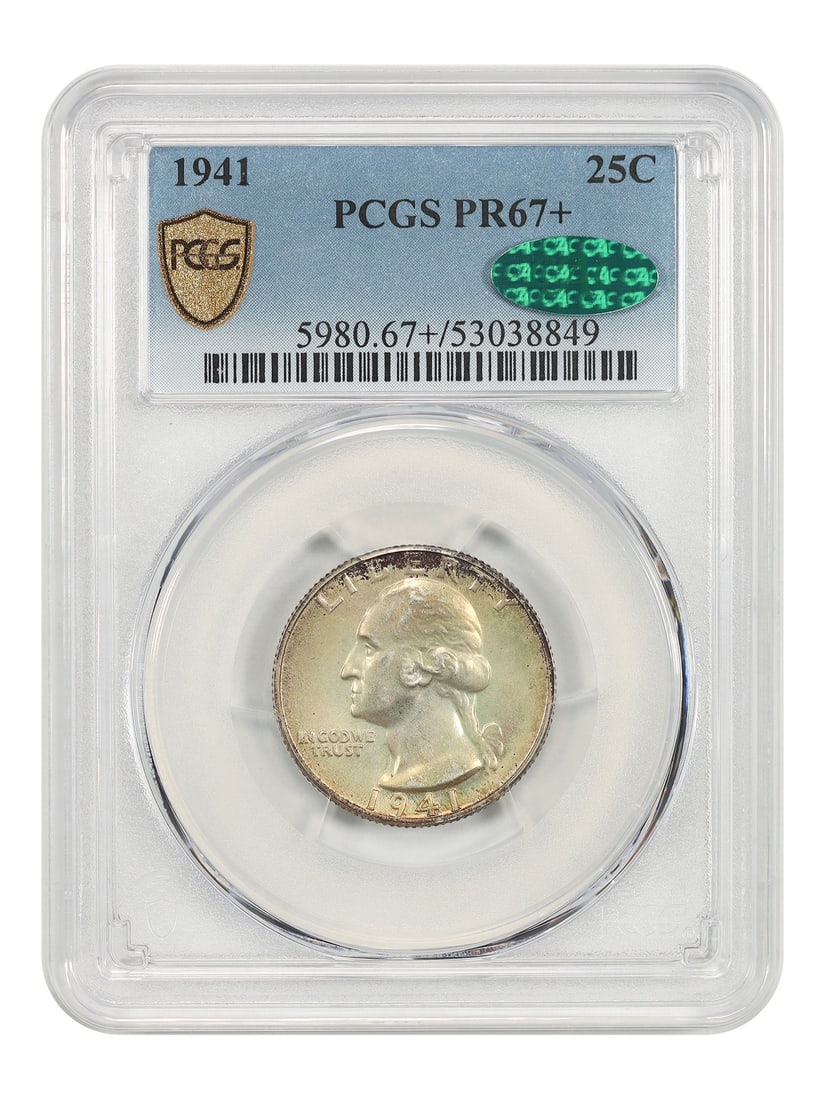 Washington Quarter 1941 25C PR67+ PCGS CAC: Washington Quarter 1941 25C PR67+ PCGS CAC 1941 Washington Quarter certified by PCGS and approved by CAC. This uncirculated example carries a PR67+ grade and has a mintage of just 15,287 coins. Pre-ow
