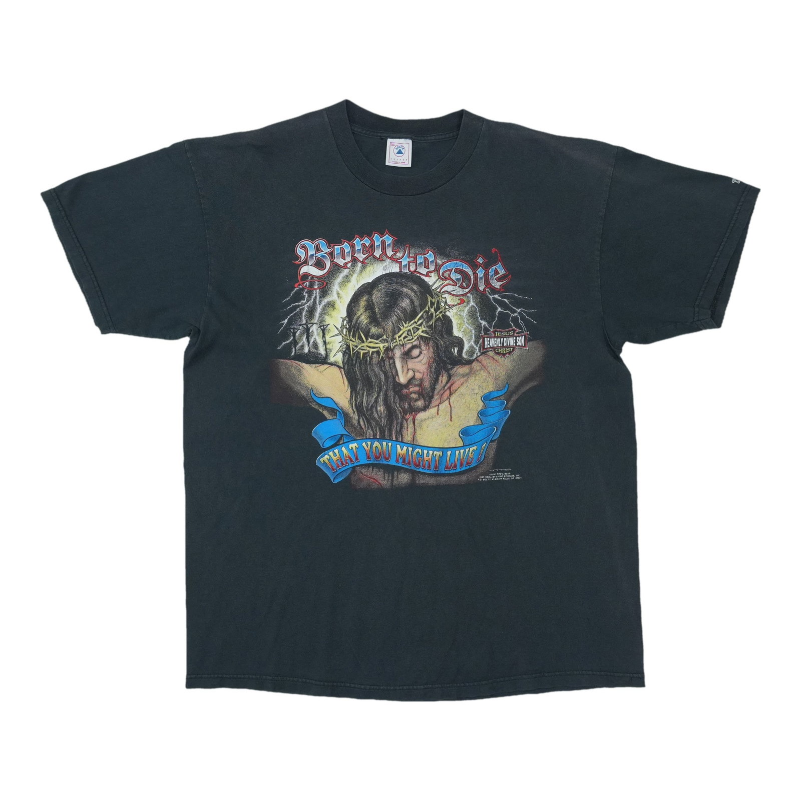 Vintage 1991 Jesus Christ Born To Die Black Cotton T Shirt XL: Vintage 1991 Jesus Christ Born To Die Black Cotton T Shirt XL Original vintage 1991 Born To Die Jesus Christ shirt. This true vintage shirt is from the 1990s and is made of 100% cotton in black. It is