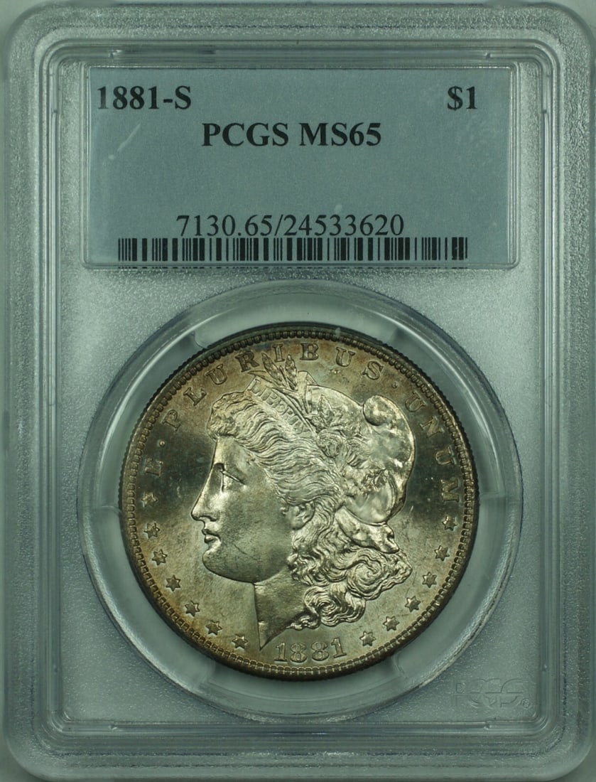 PCGS MS65 1881-S Morgan Silver Dollar Light Russet Toning: PCGS MS65 1881-S Morgan Silver Dollar Light Russet Toning This is an 1881 Morgan Silver Dollar, certified by PCGS with a grade of MS-65. The coin features beautiful light russet toning and was minted 