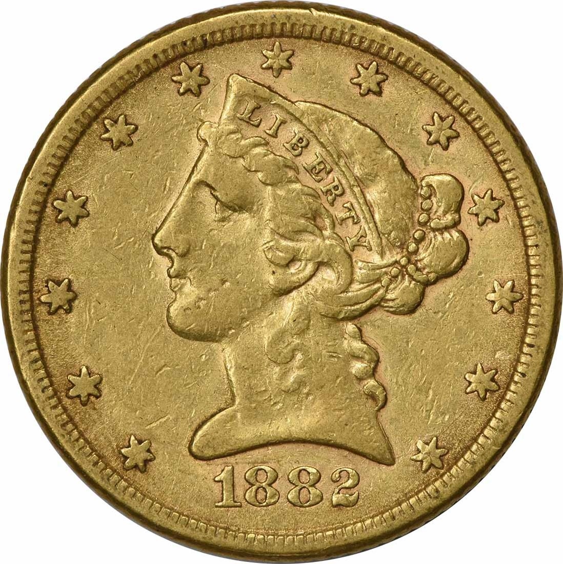 1882 Liberty Head $5 Gold Coin EF Uncertified: 1882 Liberty Head $5 Gold Coin EF Uncertified 1882 $5 Gold Liberty Head coin from the United States. This pre-owned, circulated example is uncertified and graded EF. Specifications Item Type: Coin Ser