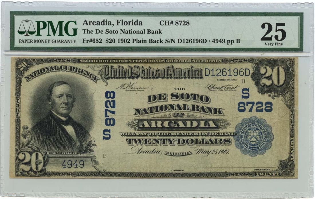 1902 De Soto NB Arcadia Florida $20 National Note PMG VF25 (1 of 2)