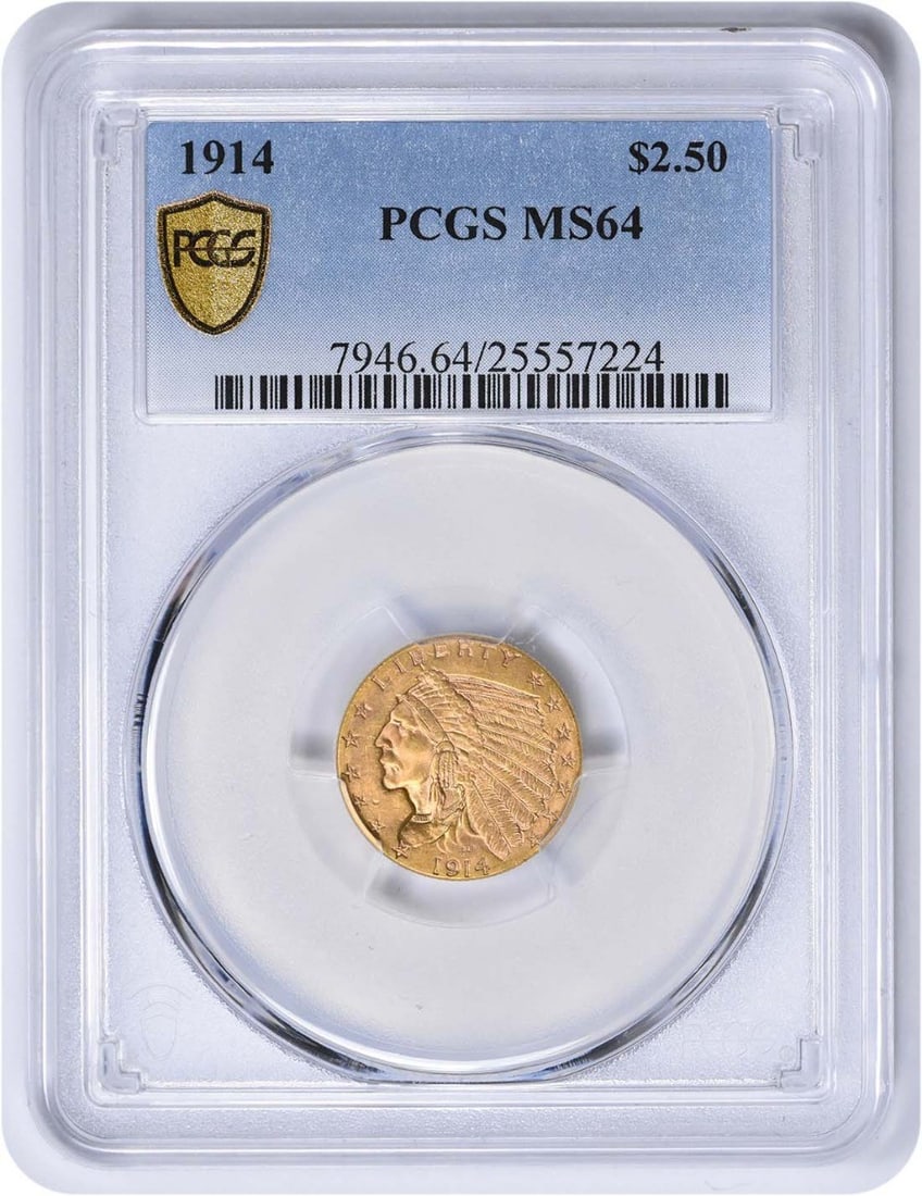 1914 $2.50 Gold Indian Coin MS64 PCGS Uncirculated: 1914 $2.50 Gold Indian Coin MS64 PCGS Uncirculated This 1914 $2.50 Gold Indian coin is a stunning piece of American numismatic history, certified by PCGS with a grade of MS64. Minted in Philadelphia, 