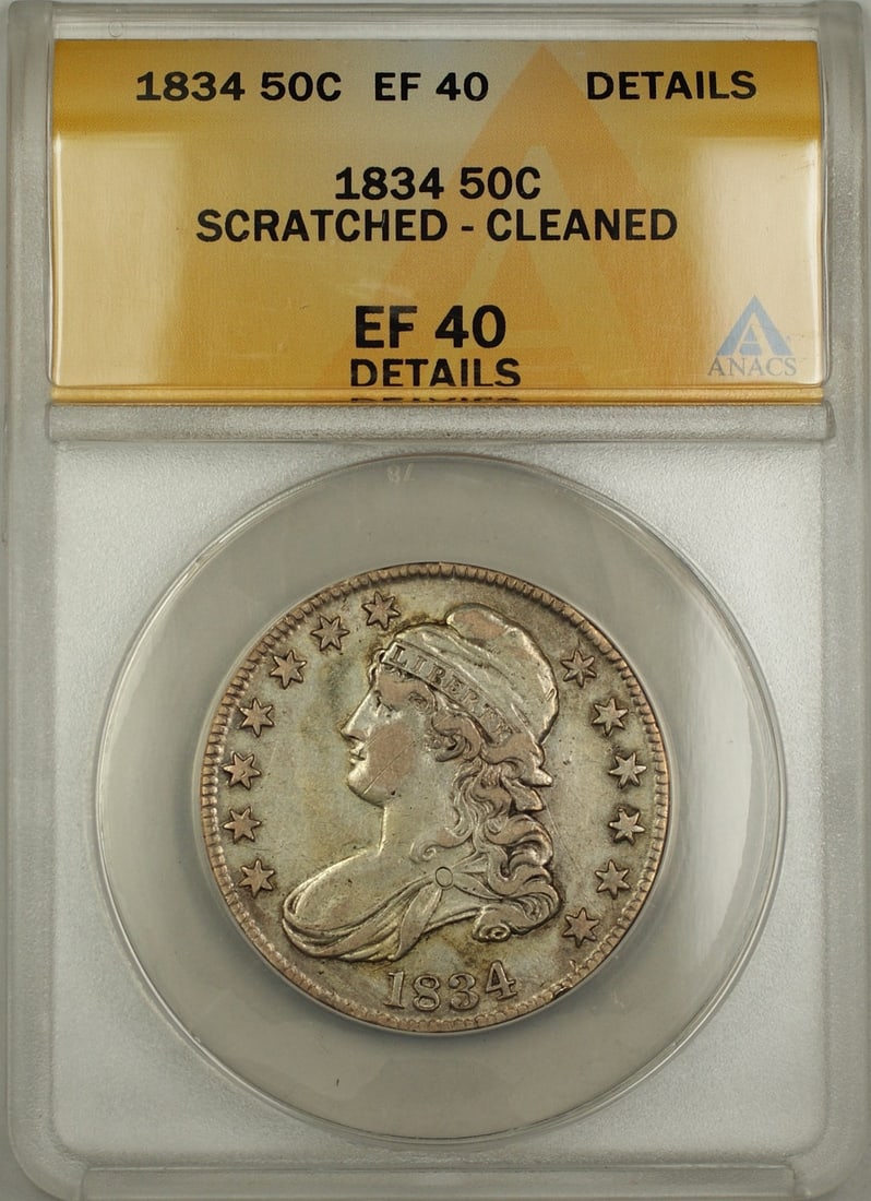 1834 Silver Capped Bust Half Dollar ANACS EF-40 Details: 1834 Silver Capped Bust Half Dollar ANACS EF-40 Details 1834 Capped Bust half dollar coin graded ANACS EF-40 Details. This circulated United States silver coin is noted as scratched and cleaned, consi