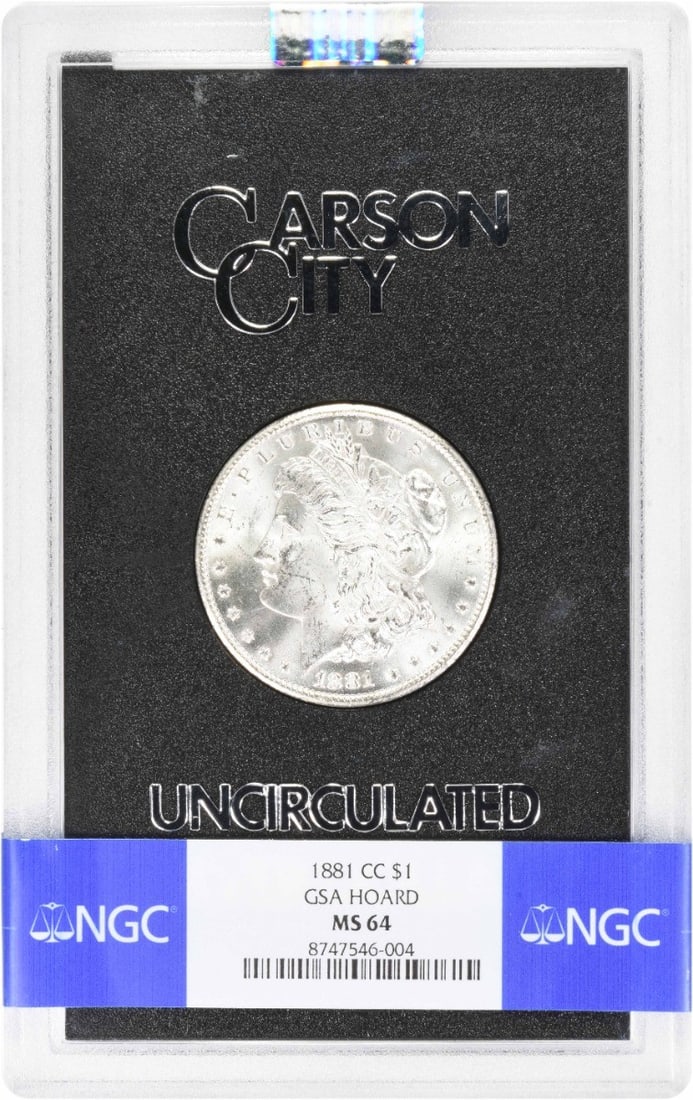 NGC MS64 GSA Carson City 1881 Morgan Dollar 90 Silver: NGC MS64 GSA Carson City 1881 Morgan Dollar 90 Silver This 1881-CC Morgan Silver Dollar is certified by NGC with a grade of MS64 and comes in a GSA holder. Struck at the Carson City Mint, this uncircu