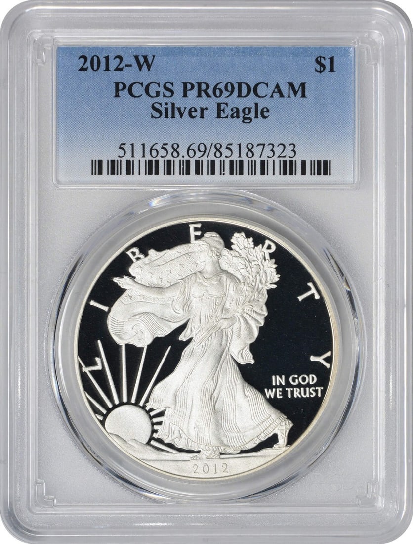 2012-W American Silver Eagle Dollar PR69DCAM PCGS Proof 1 oz Silver: 2012-W American Silver Eagle Dollar PR69DCAM PCGS Proof 1 oz Silver This 2012-W American Silver Eagle Dollar is a stunning example of U.S. mint craftsmanship, graded PR69 by PCGS, indicating its high 