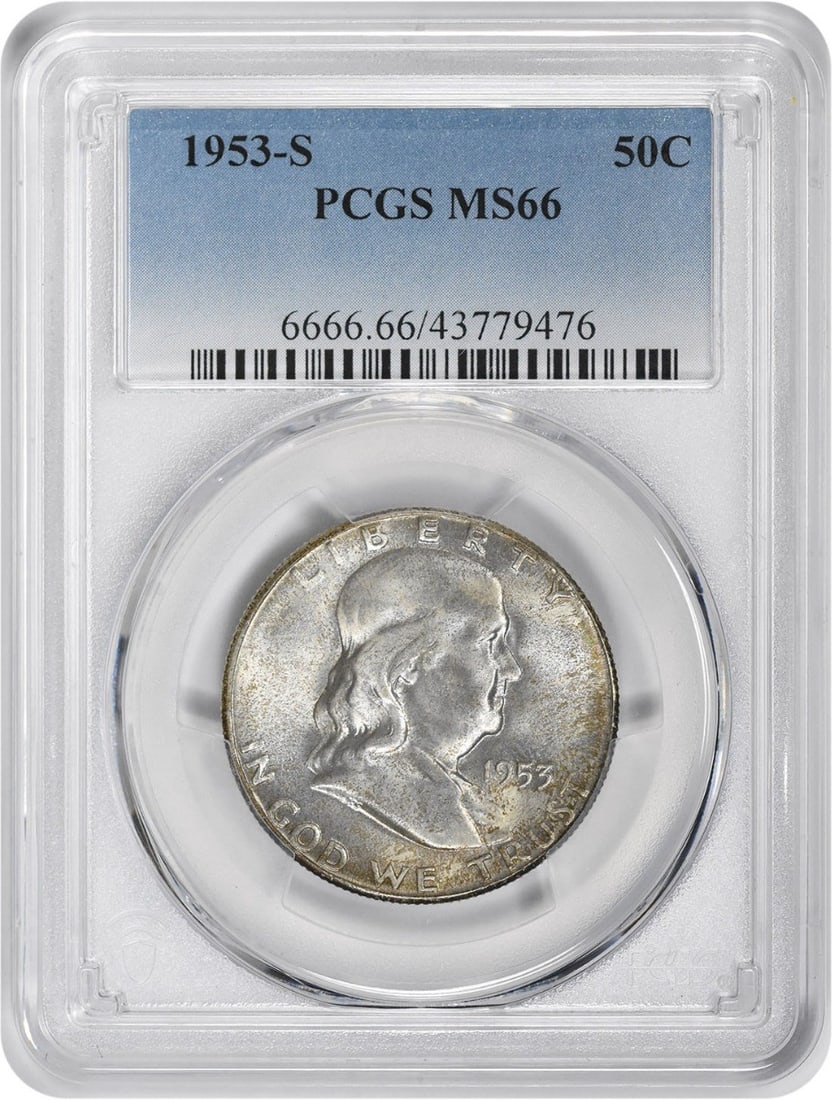 1953-S Franklin Half Dollar MS66 PCGS 90% Silver Coin: 1953-S Franklin Half Dollar MS66 PCGS 90% Silver Coin The 1953-S Franklin Silver Half Dollar is a stunning piece of numismatic history, graded MS66 by PCGS, which signifies its high quality and except