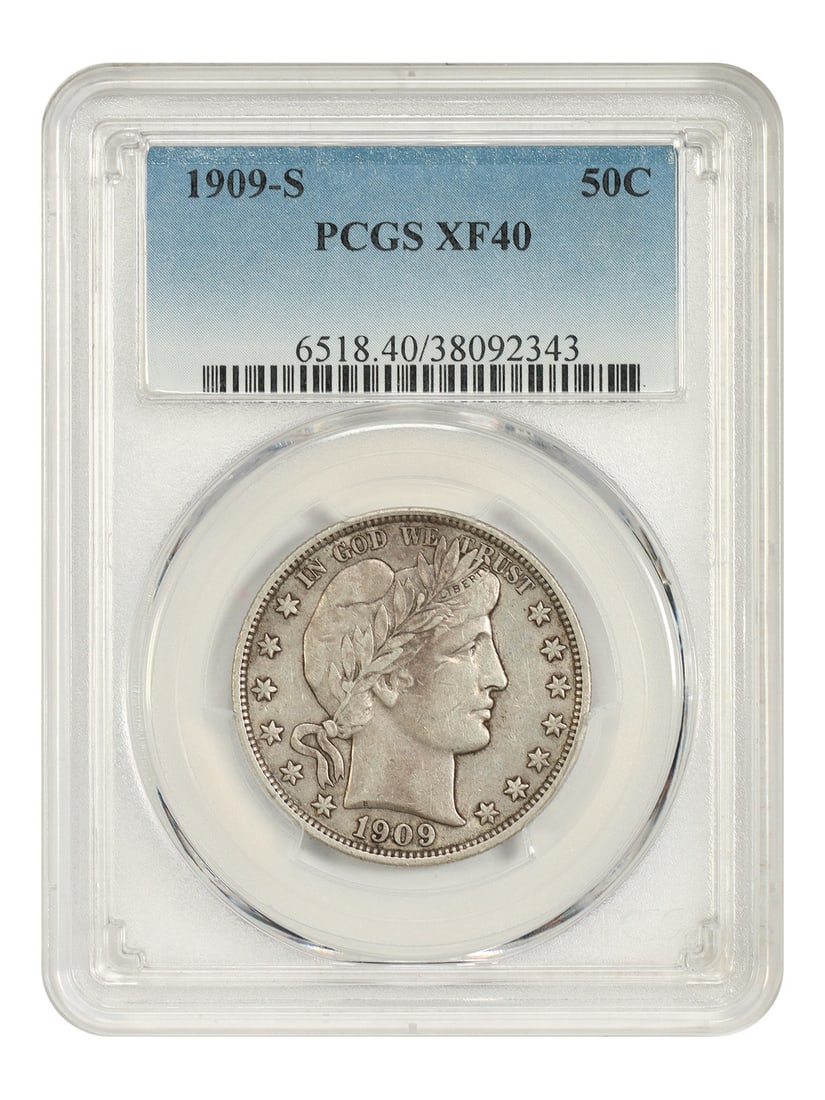 Barber Half Dollar 1909 S 50C PCGS XF40: Barber Half Dollar 1909 S 50C PCGS XF40 1909-S Barber Half Dollar certified by PCGS in XF40. This pre-owned coin is a circulated example of the classic Barber Half Dollar series. Specifications Denomi