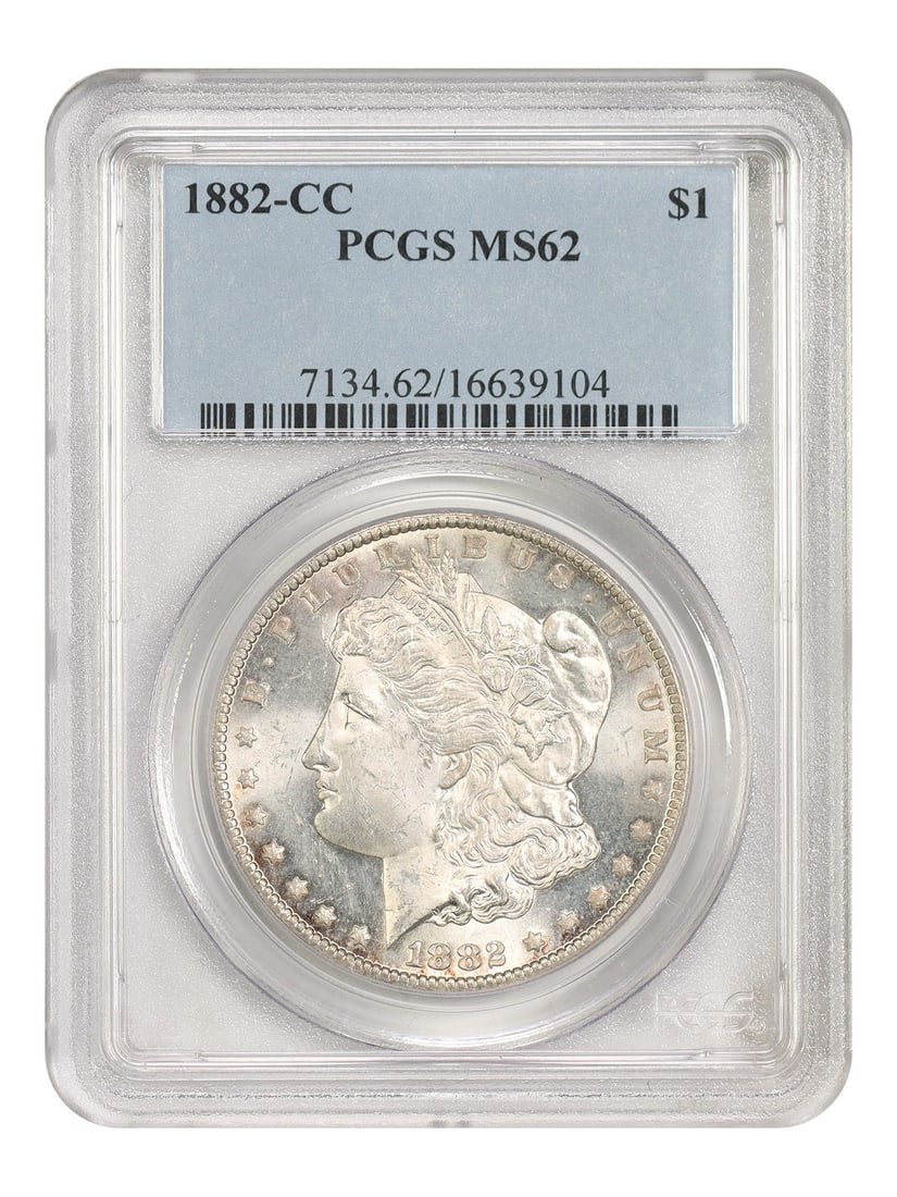 PCGS MS62 1882-CC Morgan Dollar Carson City $1 Coin: PCGS MS62 1882-CC Morgan Dollar Carson City $1 Coin 1882-CC Morgan Dollar certified by PCGS with an MS62 grade. This Carson City issue is uncirculated and identified as one of the more common CC-mint 