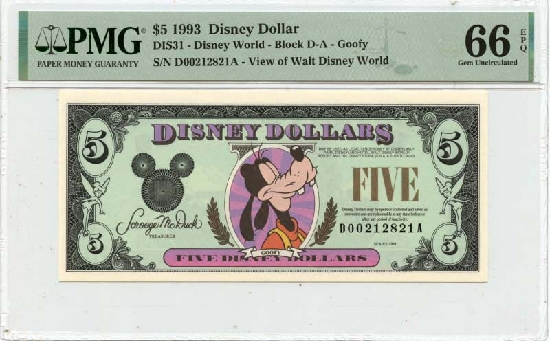 Goofy 1993 $5 Disney Dollar PMG GEM 66 EPQ United States Note: Goofy 1993 $5 Disney Dollar PMG GEM 66 EPQ United States Note This 1993 $5 Disney Dollar featuring Goofy is certified by PMG with a grade of GEM 66 EPQ. Issued in the United States, it is a collectibl