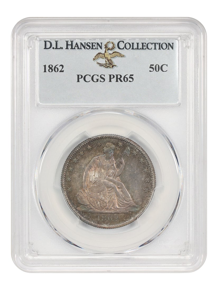 1862 Liberty Seated Half Dollar 50C PCGS PR65 ex D.L. Hansen: 1862 Liberty Seated Half Dollar 50C PCGS PR65 ex D.L. Hansen 1862 Liberty Seated Half Dollar certified by PCGS as PR65. This proof issue is one of only 550 struck during the Civil War year of 1862. Th
