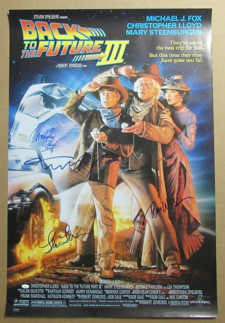 Back to the Future III Multi-Signed Movie Poster 27x40 JSA Certified: Back to the Future III Multi-Signed Movie Poster 27x40 JSA Certified This original 27x40 movie poster for "Back to the Future III" is a striking piece of memorabilia, multi-signed by four actors from 