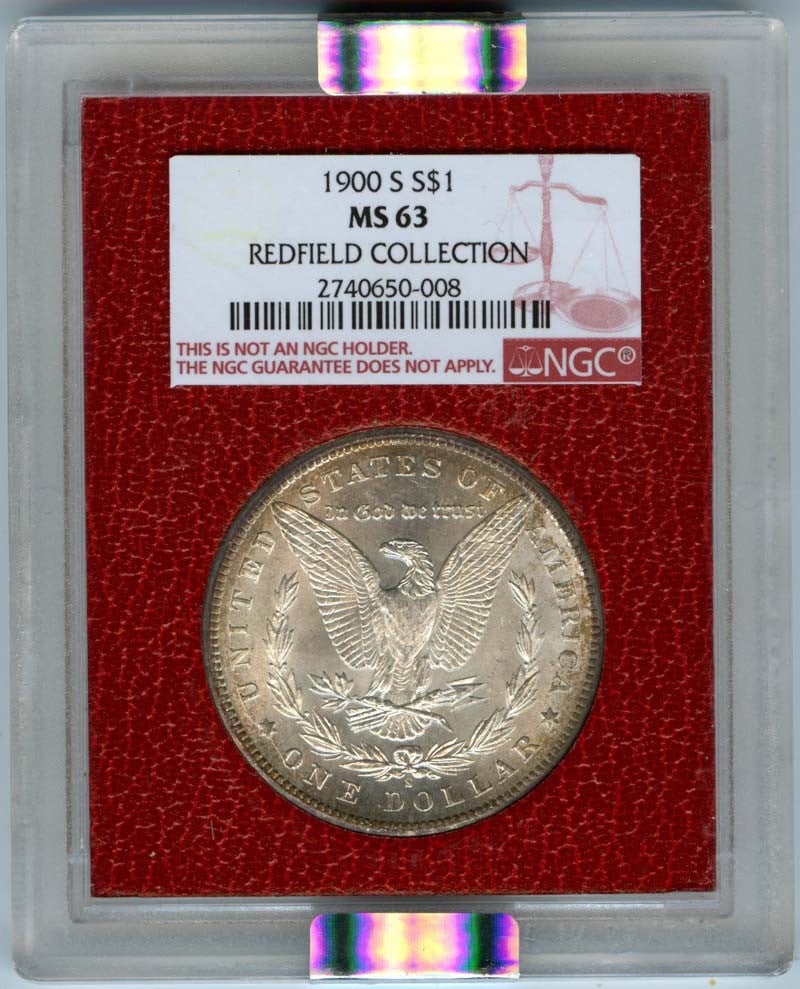 NGC MS63 1900-S Morgan Silver Dollar Redfield Hoard: NGC MS63 1900-S Morgan Silver Dollar Redfield Hoard 1900 Morgan Dollar certified by NGC and graded MS63. This Redfield Hoard example is an uncirculated, pre-owned coin from the United States. Specific