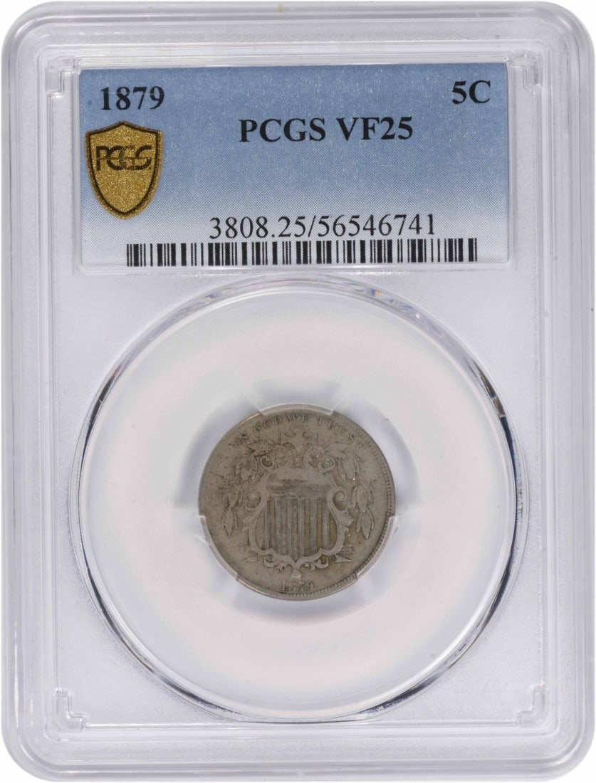 PCGS VF25 1879 Philadelphia Shield 5C Nickel: PCGS VF25 1879 Philadelphia Shield 5C Nickel This 1879 Shield Nickel is graded VF25 by PCGS, indicating moderate wear with clear design details. Struck in Philadelphia, it features the classic Shield 