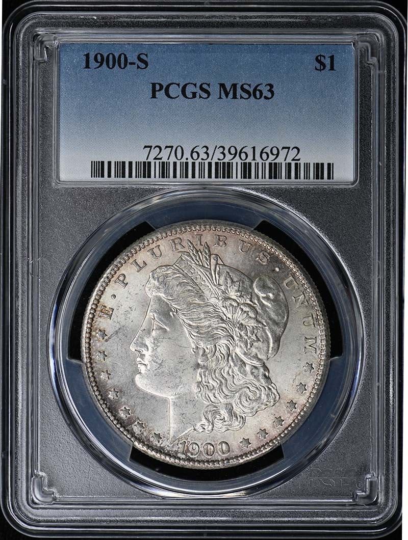 PCGS MS63 Morgan Silver Dollar 1900 San Francisco Mint: PCGS MS63 Morgan Silver Dollar 1900 San Francisco Mint This is a 1900-S Morgan Dollar graded MS63 by PCGS. The coin was minted in San Francisco and remains uncirculated. It is pre-owned and certified 