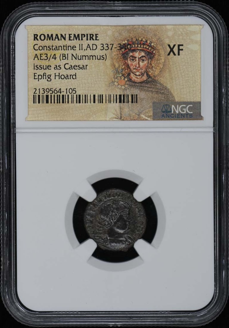 NGC XF40 Constantine II Roman AE3 4 BI Nummus Coin AD 337-340: NGC XF40 Constantine II Roman AE3 4 BI Nummus Coin AD 337-340 This ancient Roman AE3/4 (BI Nummus) coin dates from the reign of Constantine II, AD 337-340. It has been certified by NGC with a grade of