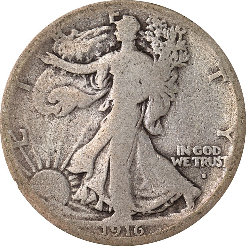 1916-S San Francisco Walking Liberty Silver Half Dollar Circulated: 1916-S San Francisco Walking Liberty Silver Half Dollar Circulated This 1916-S Walking Liberty Half Dollar is a circulated silver coin minted in San Francisco. It was selected for its notable eye appe