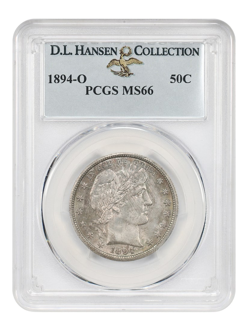 PCGS MS66 1894 O Barber Half Dollar 50C ex D.L. Hansen: PCGS MS66 1894 O Barber Half Dollar 50C ex D.L. Hansen 1894-O Barber Half Dollar certified by PCGS as MS66. This uncirculated example is an ex: D.L. Hansen coin and is described as a rare high-grade s