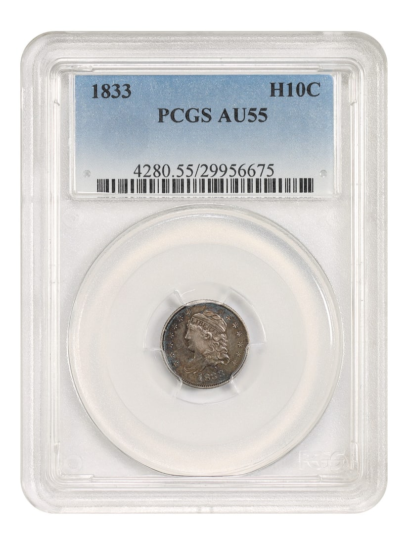 1833 Capped Bust Half Dime H10C PCGS AU55: 1833 Capped Bust Half Dime H10C PCGS AU55 1833 Capped Bust Half Dime certified by PCGS in AU55 condition. This circulated, pre-owned coin is identified as an H10C denomination and was minted in Philad
