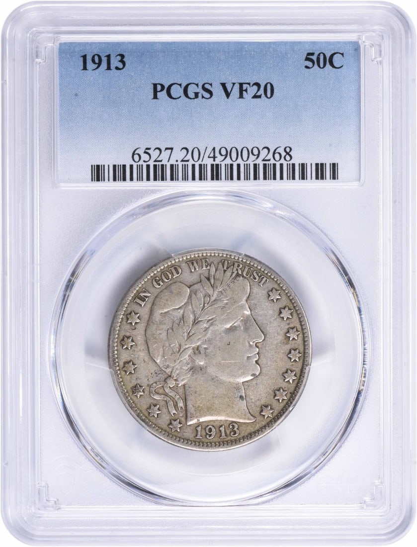 1913 Barber Half Dollar 50C VF20 PCGS Certified Silver Coin: 1913 Barber Half Dollar 50C VF20 PCGS Certified Silver Coin This 1913 Barber Silver Half Dollar is a classic coin that showcases the artistry of designer Charles E. Barber. Certified by PCGS, this coi