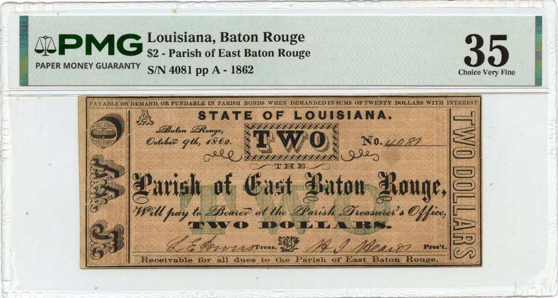 PMG VF35 1862 Baton Rouge Louisiana Parish of East Baton Rouge $2 Note (1 of 2)