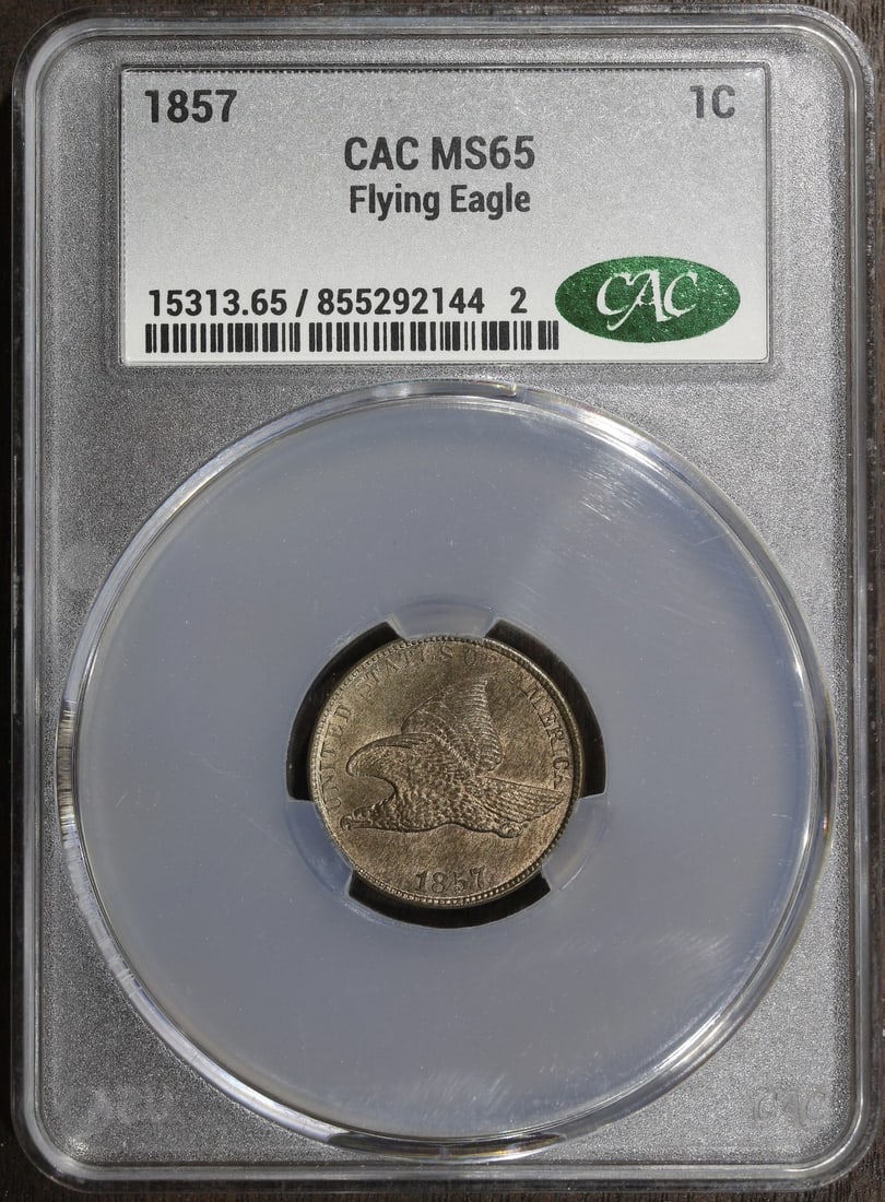 1857 Flying Eagle Small Cent MS65 CACG CAC: 1857 Flying Eagle Small Cent MS65 CACG CAC 1857 Flying Eagle small cent graded MS65 by CACG with CAC designation. This pre-owned United States coin is a copper issue from the Philadelphia Mint. Specif