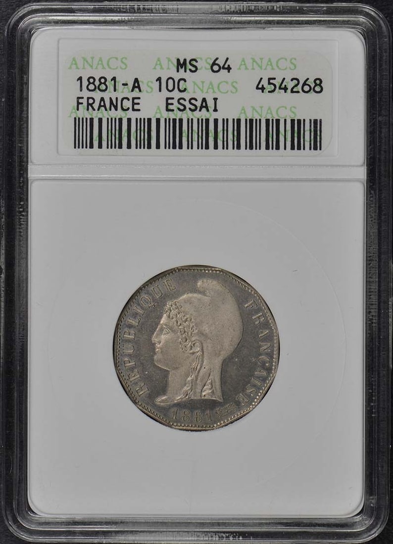 1881-A France Essai 10C Coin ANACS MS64 Certified: 1881-A France Essai 10C Coin ANACS MS64 Certified This 1881-A France Essai 10C coin is in uncirculated condition, boasting a certification from ANACS with a grade of MS64. It features a unique design 