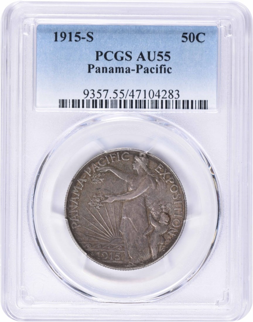1915-S Panama-Pacific Commemorative Silver Half Dollar AU55 PCGS: 1915-S Panama-Pacific Commemorative Silver Half Dollar AU55 PCGS This 1915-S Panama-Pacific Commemorative Silver Half Dollar is a remarkable piece of numismatic history, certified by PCGS with an AU55
