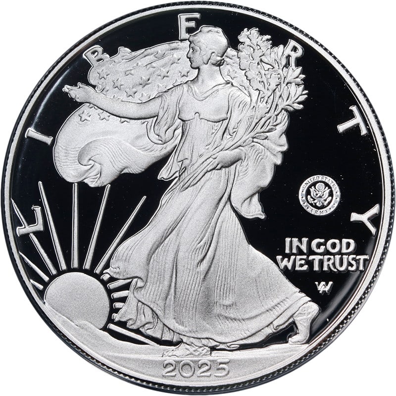 2025 Proof Silver Eagle Dollar Army Privy 250th Anniversary OGP COA: 2025 Proof Silver Eagle Dollar Army Privy 250th Anniversary OGP COA Original 2025 Silver American Eagle $1 proof coin with 250th Anniversary Army privy, offered in uncirculated pre-owned condition. Th