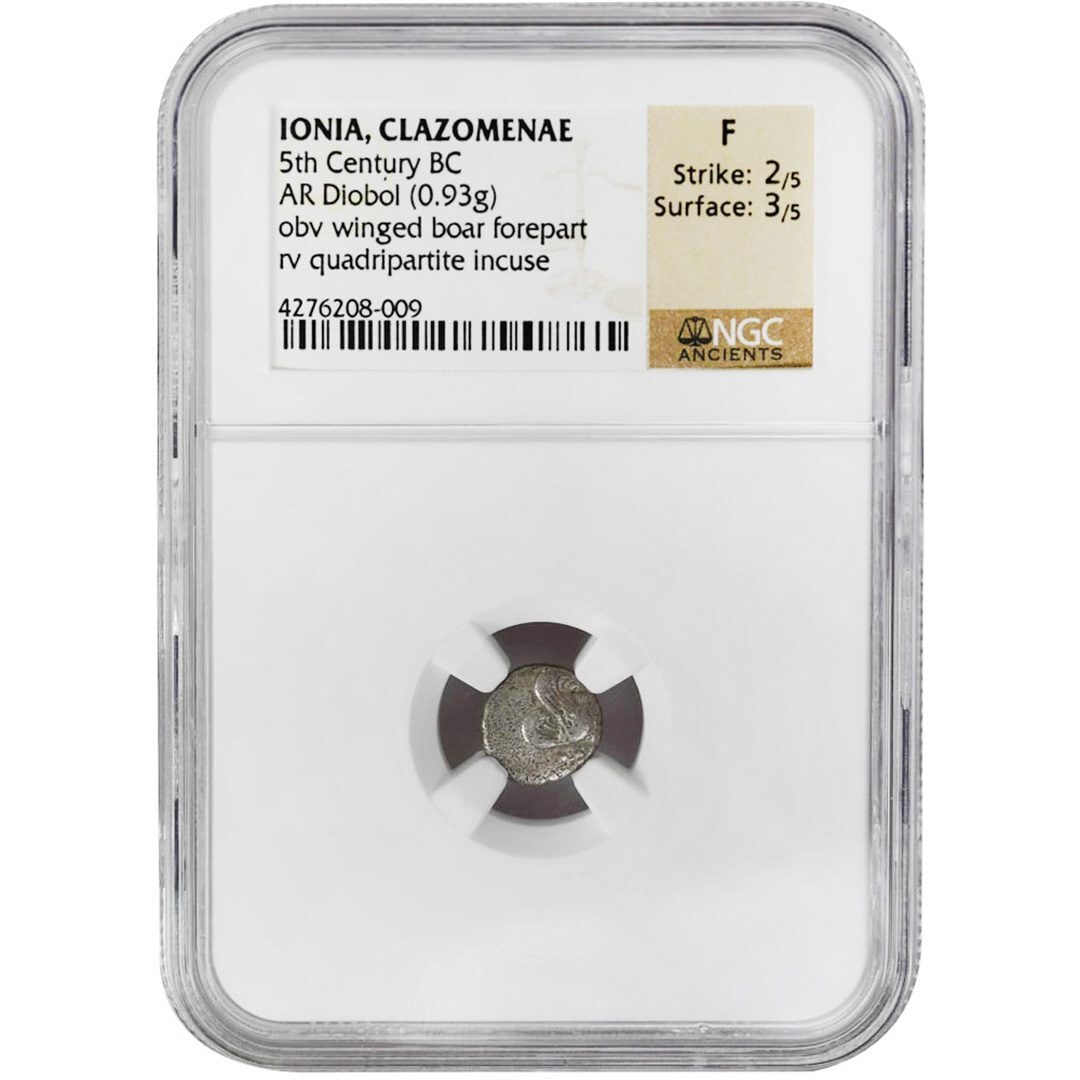 Ancient Silver AR Diobol Clazomenae Ionia NGC F Certified: Ancient Silver AR Diobol Clazomenae Ionia NGC F Certified This is an ancient silver AR Diobol coin from Ionia, Clazomenae, dating to the 5th century BC. Certified and graded by NGC as Fine (F), the co