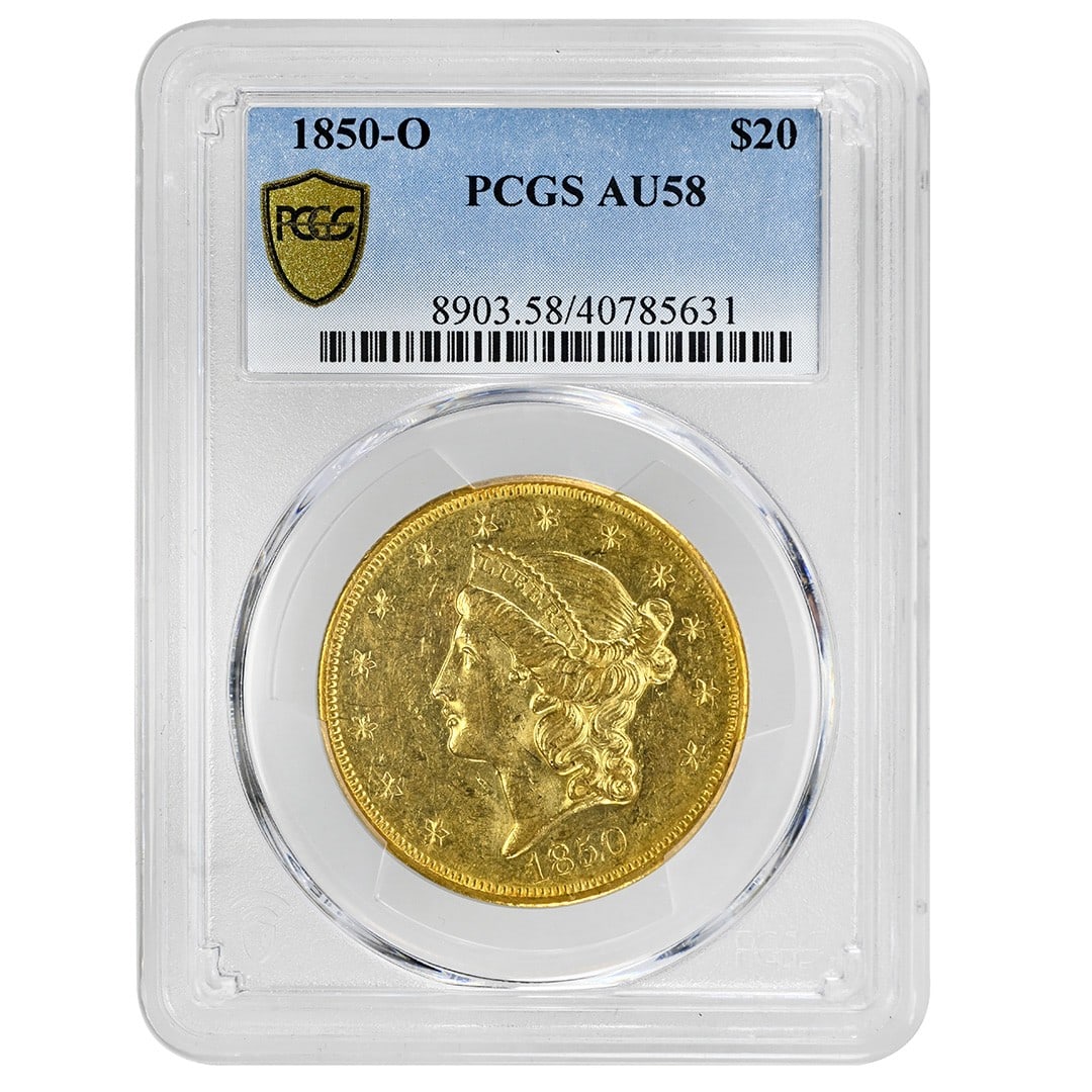 PCGS AU58 1850-O Liberty Head $20 Gold Coin: PCGS AU58 1850-O Liberty Head $20 Gold Coin 1850-O $20 Liberty Head gold coin graded PCGS AU58. This Type 1 No Motto example was minted in New Orleans and is listed as About Uncirculated. Condition is