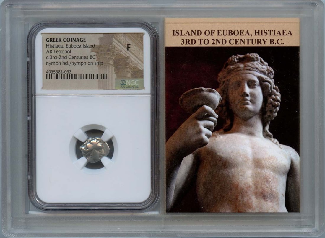 Histiaea Euboea Island Ancient Greek AR Tetrobol NGC Certified Coin: Histiaea Euboea Island Ancient Greek AR Tetrobol NGC Certified Coin This Ancient Greek coin is a fascinating piece of history from Histiaea, Euboea Island. Struck in silver (AR), it features a denomin