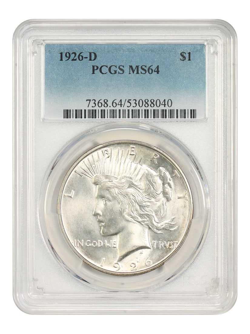 PCGS MS64 1926 D Peace Dollar 1 Dollar Coin: PCGS MS64 1926 D Peace Dollar 1 Dollar Coin 1926-D Peace Dollar certified by PCGS in MS64. This uncirculated example is a slightly better Denver Mint issue, with plenty available for collectors up to 