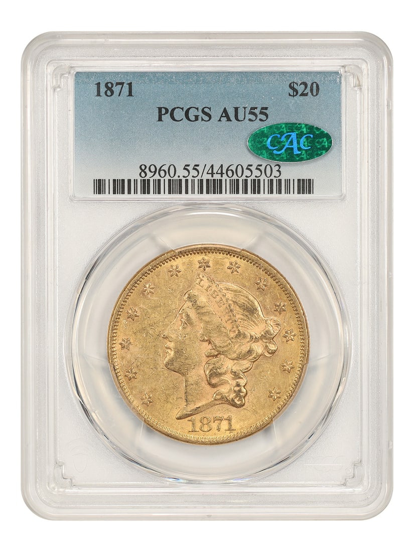 1871 Liberty Head $20 Gold Coin PCGS AU55 CAC Better Date: 1871 Liberty Head $20 Gold Coin PCGS AU55 CAC Better Date 1871 $20 Liberty Head gold coin certified by PCGS and CAC, graded AU55. Minted in Philadelphia, this circulated example comes from a low minta
