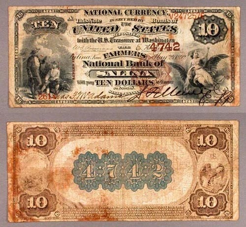 $10 1882 BB National Bank Note Farmers NB Charter 4742 Salina KS: $10 1882 BB National Bank Note Farmers NB Charter 4742 Salina KS This is a $10 National Bank Note from Salina, Kansas, issued in 1882 by the Farmers National Bank, Charter #4742. The note is circulate