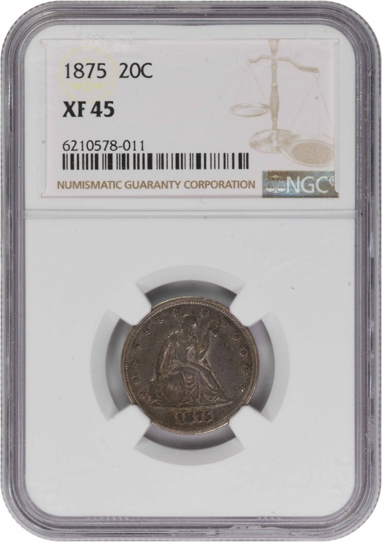 NGC EF45 1875 Philadelphia 20C Barber Silver Coin: NGC EF45 1875 Philadelphia 20C Barber Silver Coin This 1875 Twenty Cent Piece is graded EF45 by NGC and features a composition of 90% silver and 10% copper. Designed by William Barber, this circulated