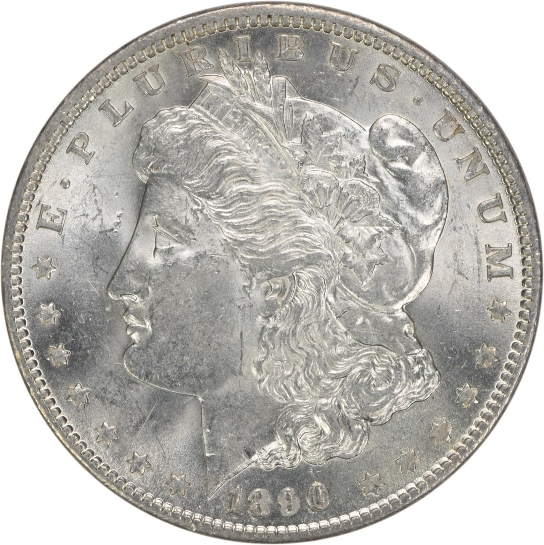 Choice BU 1890 Morgan Silver Dollar Uncirculated Uncertified: Choice BU 1890 Morgan Silver Dollar Uncirculated Uncertified This 1890 Morgan Silver Dollar is an uncirculated coin graded as Choice Brilliant Uncirculated (BU). It is composed of silver and features 