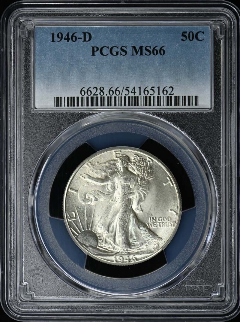 PCGS MS66 1946 D Walking Liberty 50C Half Dollar: PCGS MS66 1946 D Walking Liberty 50C Half Dollar 1946-D Walking Liberty Half Dollar graded MS66 by PCGS. This pre-owned United States coin is an uncirculated example of the classic 50C Walking Liberty
