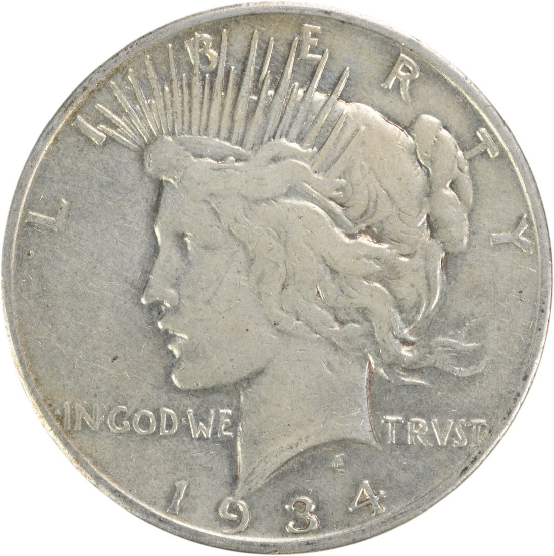 1934 S $1 Peace Dollar Silver VF Uncertified: 1934 S $1 Peace Dollar Silver VF Uncertified 1934-S Peace Silver Dollar in VF grade. This circulated, uncertified U.S. $1 coin is composed of silver and offered in pre-owned condition. Specifications 