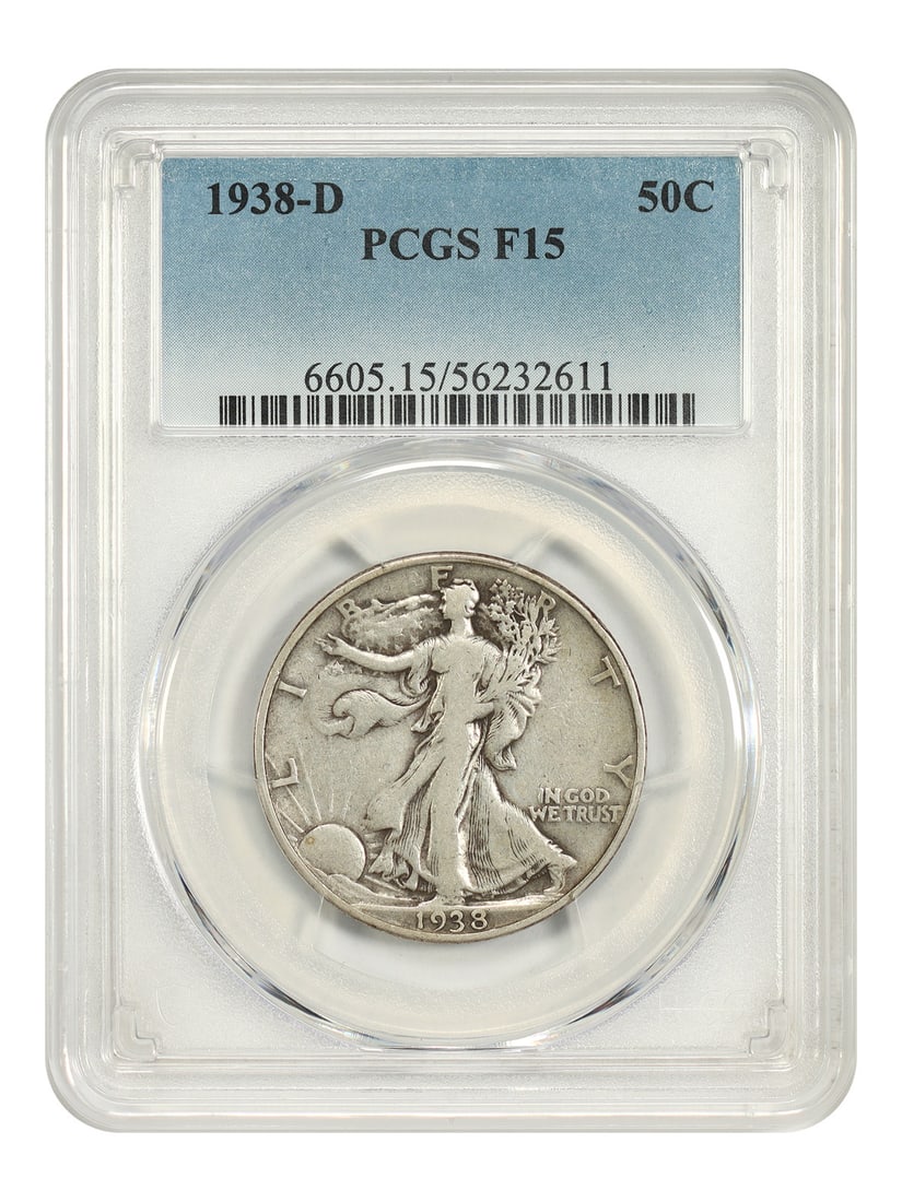 1938 D Walking Liberty Half Dollar PCGS F15 Low Mintage: 1938 D Walking Liberty Half Dollar PCGS F15 Low Mintage 1938-D Walking Liberty Half Dollar certified by PCGS as Fine 15. This circulated example is a low mintage issue, with a reported mintage of 491,