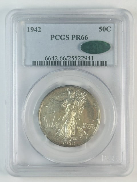 PCGS CAC Proof 1942 Walking Liberty Half Dollar PR-66: PCGS CAC Proof 1942 Walking Liberty Half Dollar PR-66 This 1942 Walking Liberty Half Dollar is a proof coin graded PR-66 by PCGS and verified by CAC. Struck in silver at the Philadelphia Mint, this un