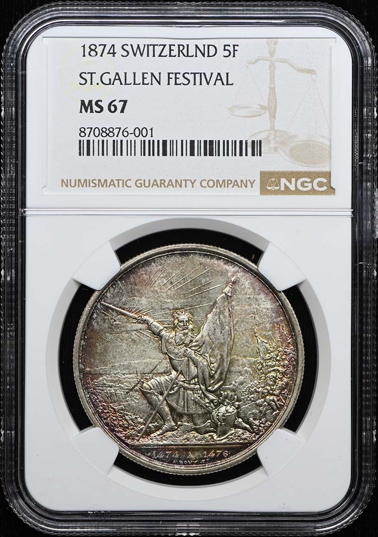 NGC MS67 1874 Switzerland St Gallen Festival 5F R-1156a Martin-560 (1 of 4)