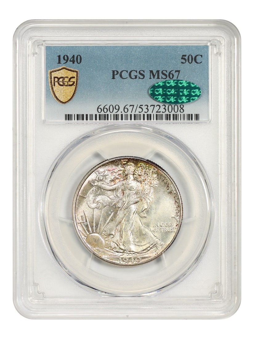 PCGS CAC MS67 1940 Walking Liberty 50C Half Dollar: PCGS CAC MS67 1940 Walking Liberty 50C Half Dollar 1940 Walking Liberty Half Dollar certified by PCGS and approved by CAC. This uncirculated example shows ample luster swirls throughout with splashes 