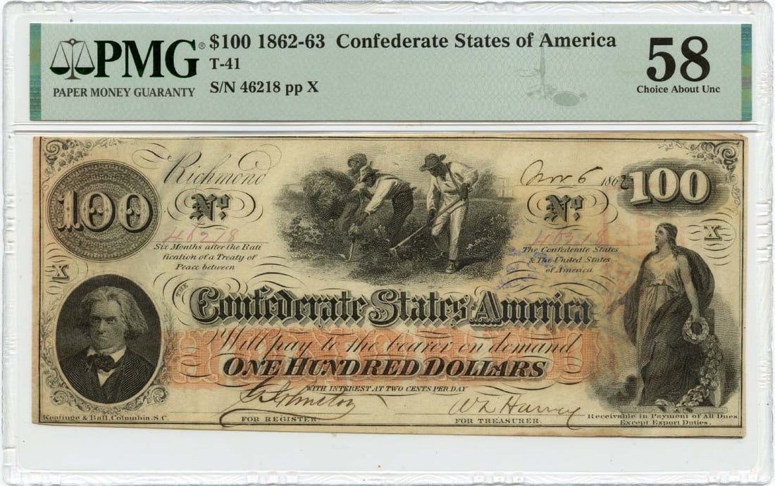 PMG AU58 1862 Confederate States of America T-41 $100 Note: PMG AU58 1862 Confederate States of America T-41 $100 Note 1862 Confederate States of America T-41 $100 note, graded PMG AU58. This pre-owned note is identified as circulated and comes with its PMG ce