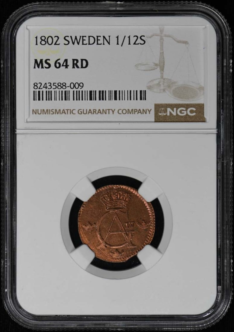 Sweden 1802 1/12 Skilling NGC MS64 Red Certified Coin (1 of 2)