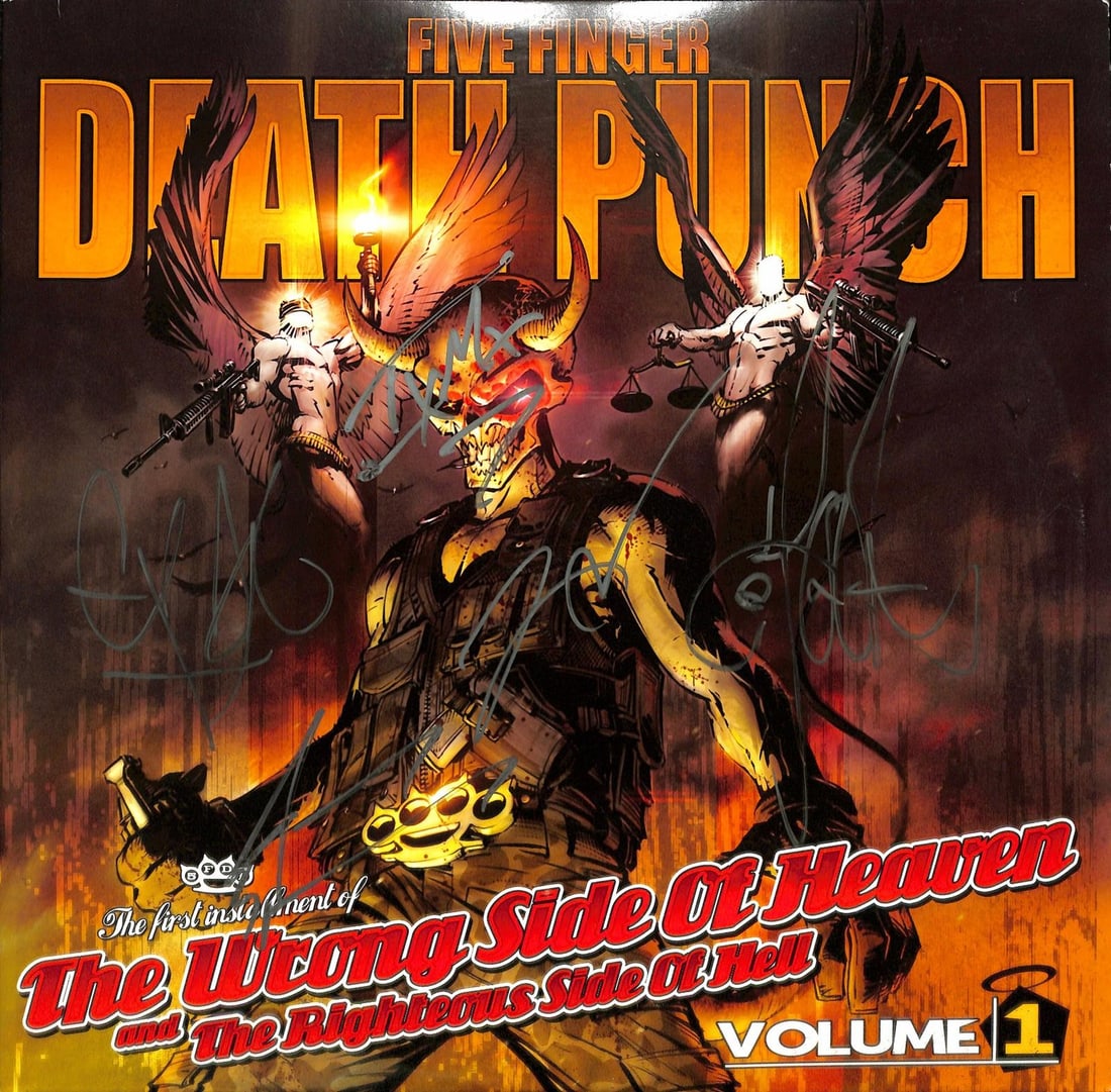 Beckett Authenticated Five Finger Death Punch Signed Album Cover: Beckett Authenticated Five Finger Death Punch Signed Album Cover This album cover from Five Finger Death Punch is hand-signed by band members Ivan Moody, Zoltan Bathory, Jason Hook, Jeremy Spencer, an