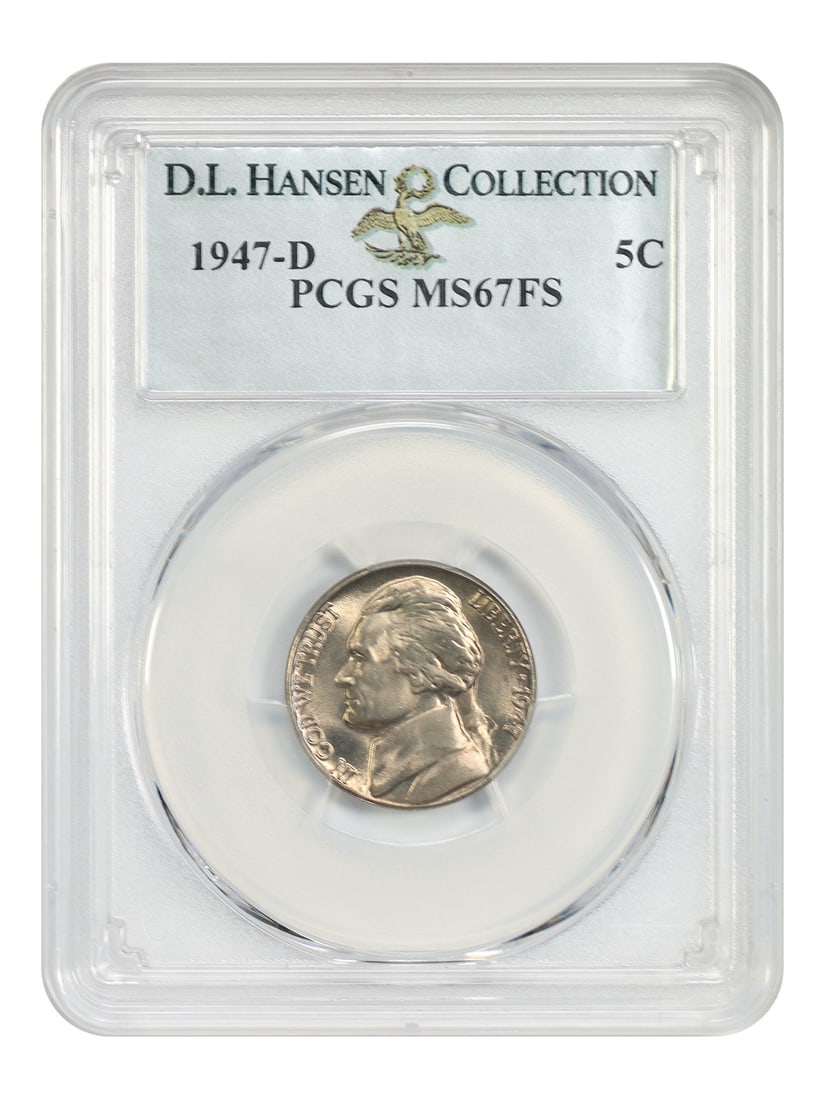 PCGS MS67FS 1947-D Jefferson Nickel 5C Denver Mint: PCGS MS67FS 1947-D Jefferson Nickel 5C Denver Mint 1947-D Jefferson Nickel certified by PCGS in MS67FS. This uncirculated example is ex: D.L. Hansen. The PCGS population is 45 in MS67 FS, with only 4 