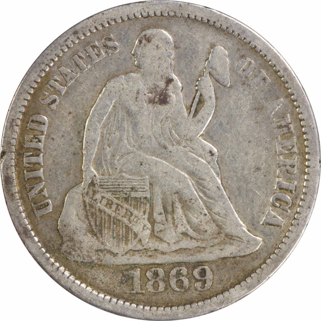1869 S Seated Liberty 10C Silver Dime VF Uncertified: 1869 S Seated Liberty 10C Silver Dime VF Uncertified 1869-S Liberty Seated silver dime in circulated Very Fine condition. This uncertified United States 10C coin is a pre-owned example of the Seated L
