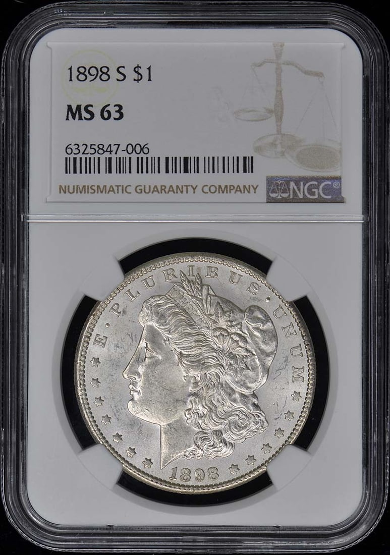 1898-S NGC MS63 Uncirculated Morgan Dollar San Francisco: 1898-S NGC MS63 Uncirculated Morgan Dollar San Francisco This 1898-S Morgan Dollar is a stunning example of American coinage, graded MS63 by NGC, indicating it is uncirculated and in excellent conditi