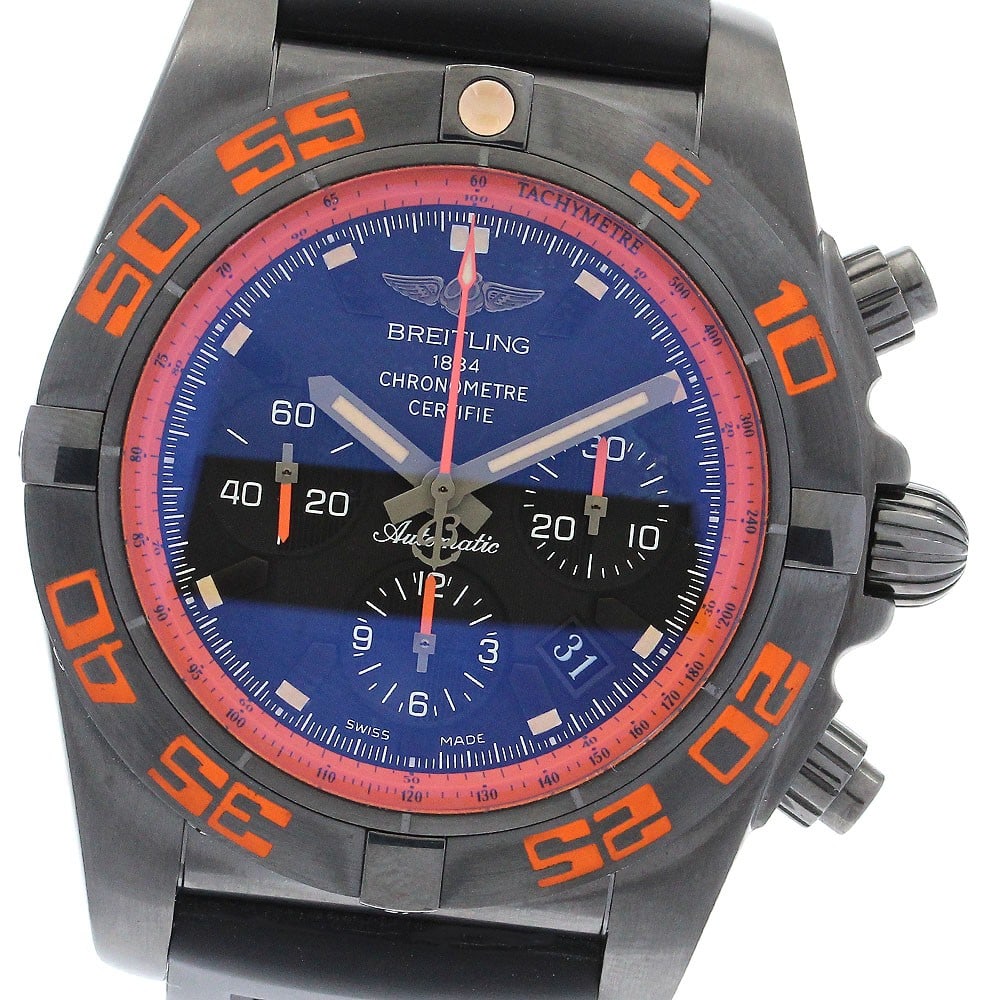Breitling Chronomat 44 Raven MB0111 mens automatic chronograph watch: Breitling Chronomat 44 Raven MB0111 mens automatic chronograph watch Pre-owned Breitling Chronomat 44 Raven men's wristwatch with automatic movement and chronograph, date, and small seconds functions.