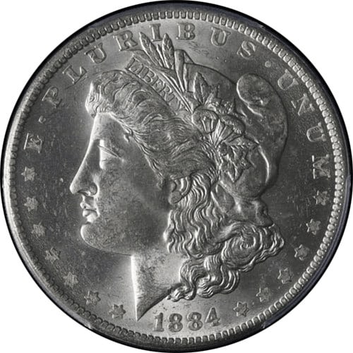 PCGS MS63 1884-O Morgan Silver Dollar Uncirculated White Coin: PCGS MS63 1884-O Morgan Silver Dollar Uncirculated White Coin This 1884-O Morgan Silver Dollar is certified by PCGS with a grade of MS63. The coin is composed of silver with a fineness of 0.9 and was 